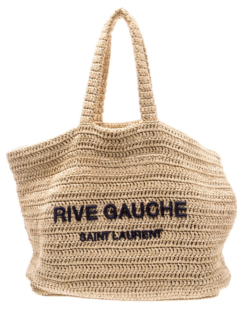 Saint Laurent Beige Crochet Tote with Navy Rive Gauche Logo